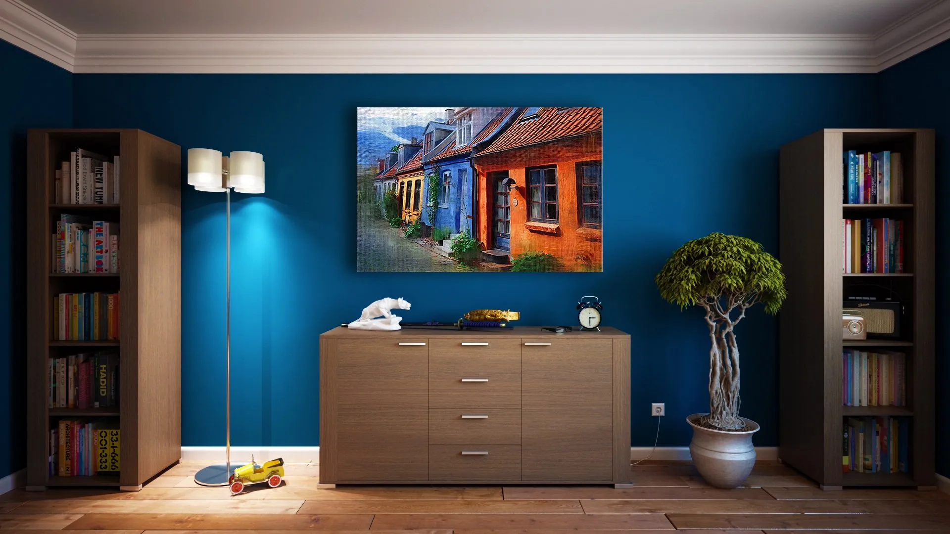a blue wall with a painting on the wall
