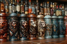 a row of decorative containers with lions heads