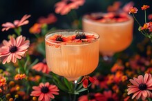 two glasses of orange liquid with flowers in the background