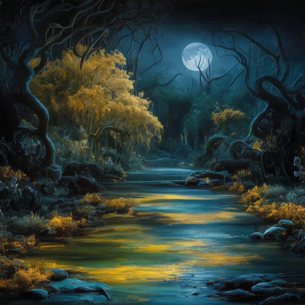 a river in a forest with trees and a moon