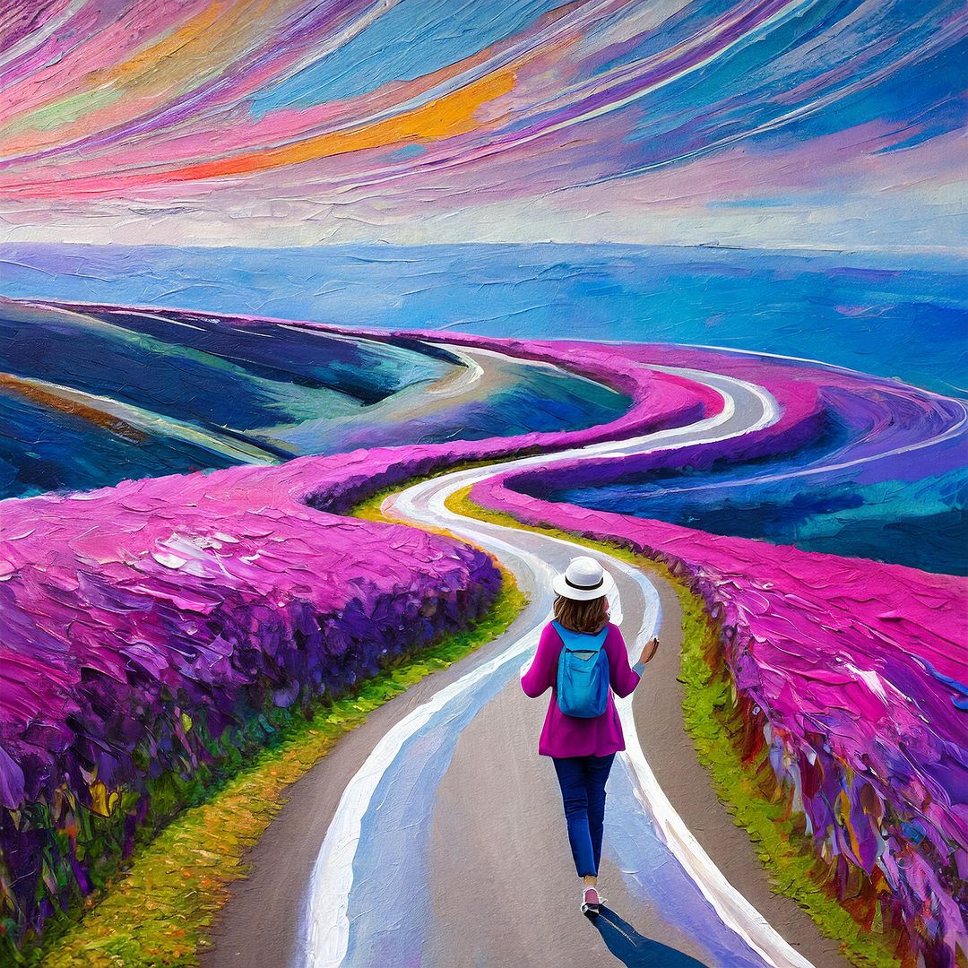a woman walking on a road with colorful fields