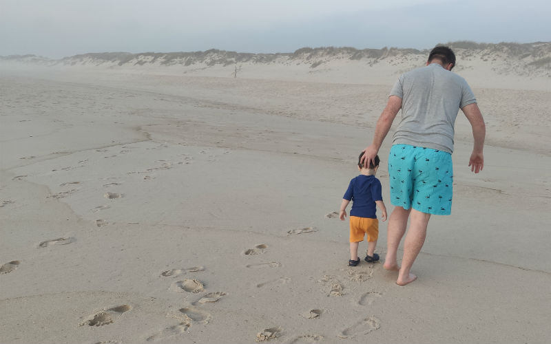 a man and child walking on a beach