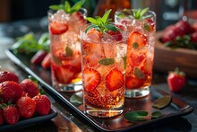 a group of glasses with strawberries and mint in them