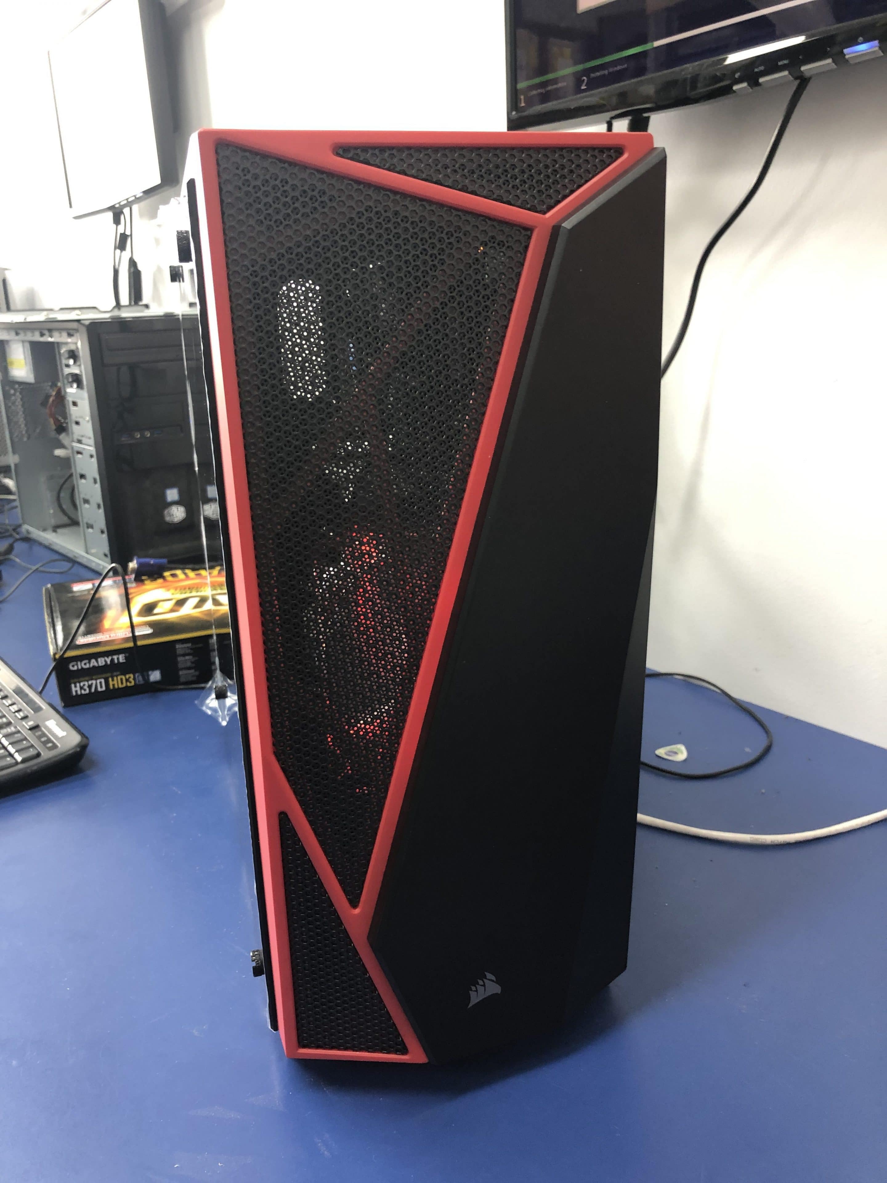 a black and red computer tower