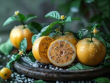 a group of oranges with leaves on a plate