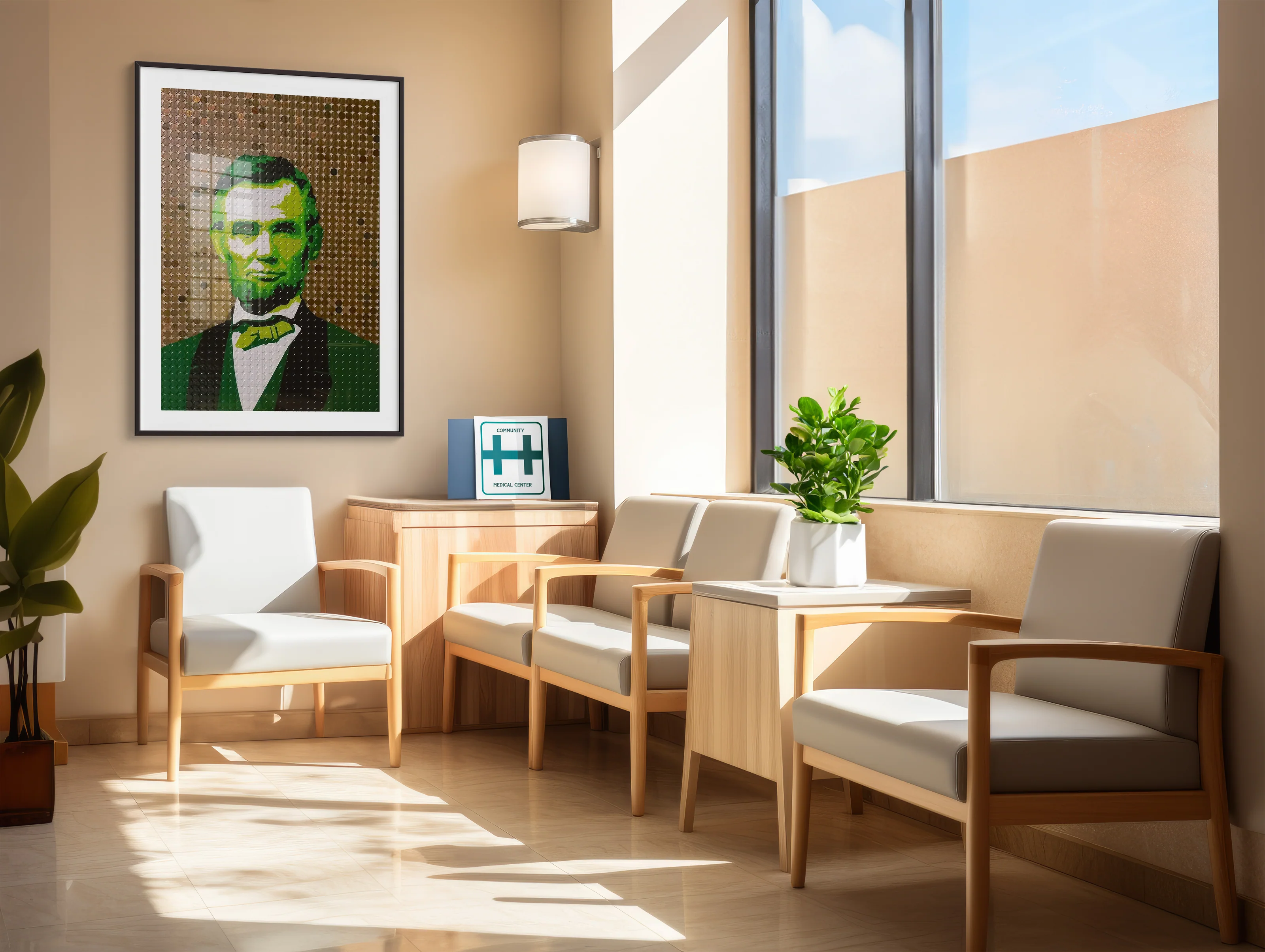 a room with chairs and a picture of a man