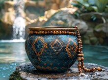 a blue and orange pot with a bead on top of a rock