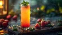 a glass of orange and red drink with mint leaves