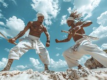 two men in white pants and white headbands holding swords