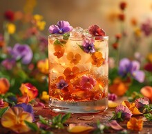 a glass with a drink and flowers