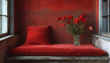 a vase of flowers on a bench