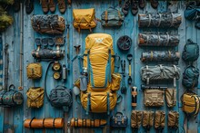 a group of camping equipment on a blue wall