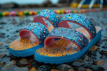 a pair of blue sandals with colorful sprinkles