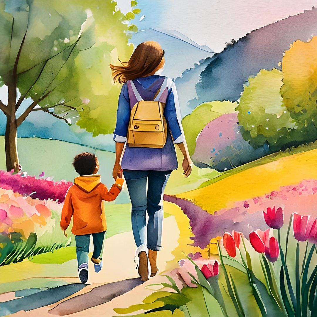 a woman and child walking down a path with flowers