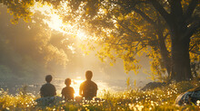 a group of people sitting under a tree