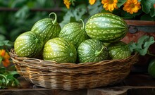 a basket of green watermelons