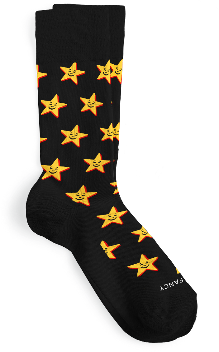 a black sock with yellow stars on it