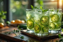 a group of glasses with cucumbers and ice