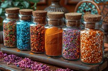 a group of glass jars with corks