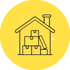 a yellow circle with a black background and a house with boxes