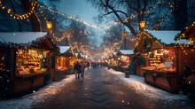 a street with lights and people walking down it