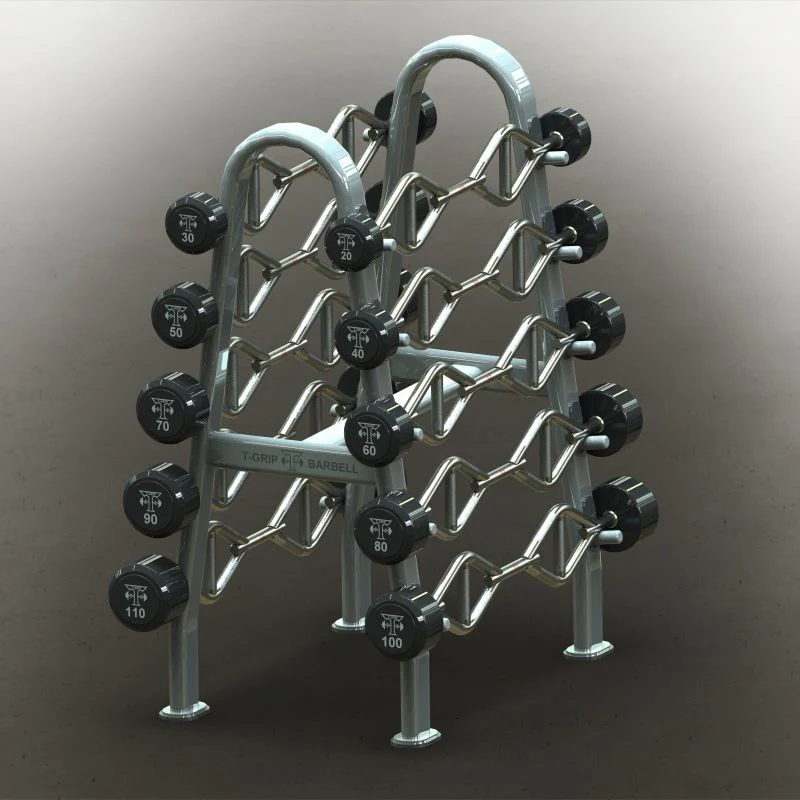 a rack of weights on a grey surface