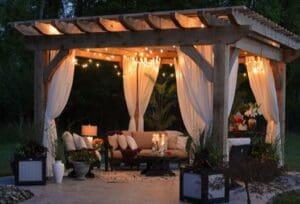 a patio with a covered area