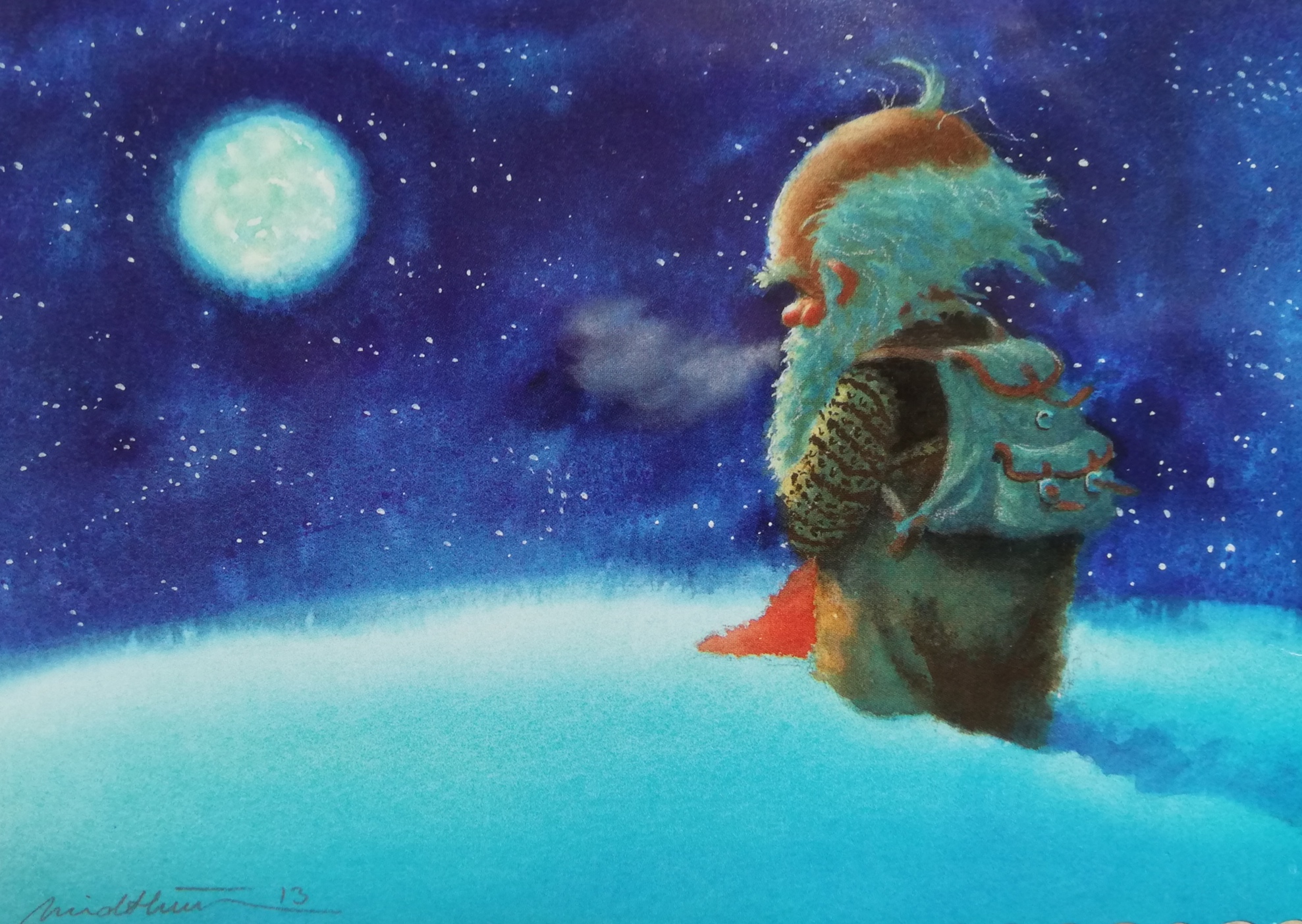 a painting of a gnome in the snow