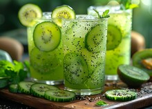 a group of glasses with cucumber and a drink