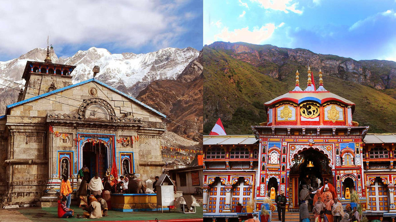 a collage of buildings with mountains in the background with Kedarnath Temple in the background