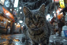 a cat standing on a wet street