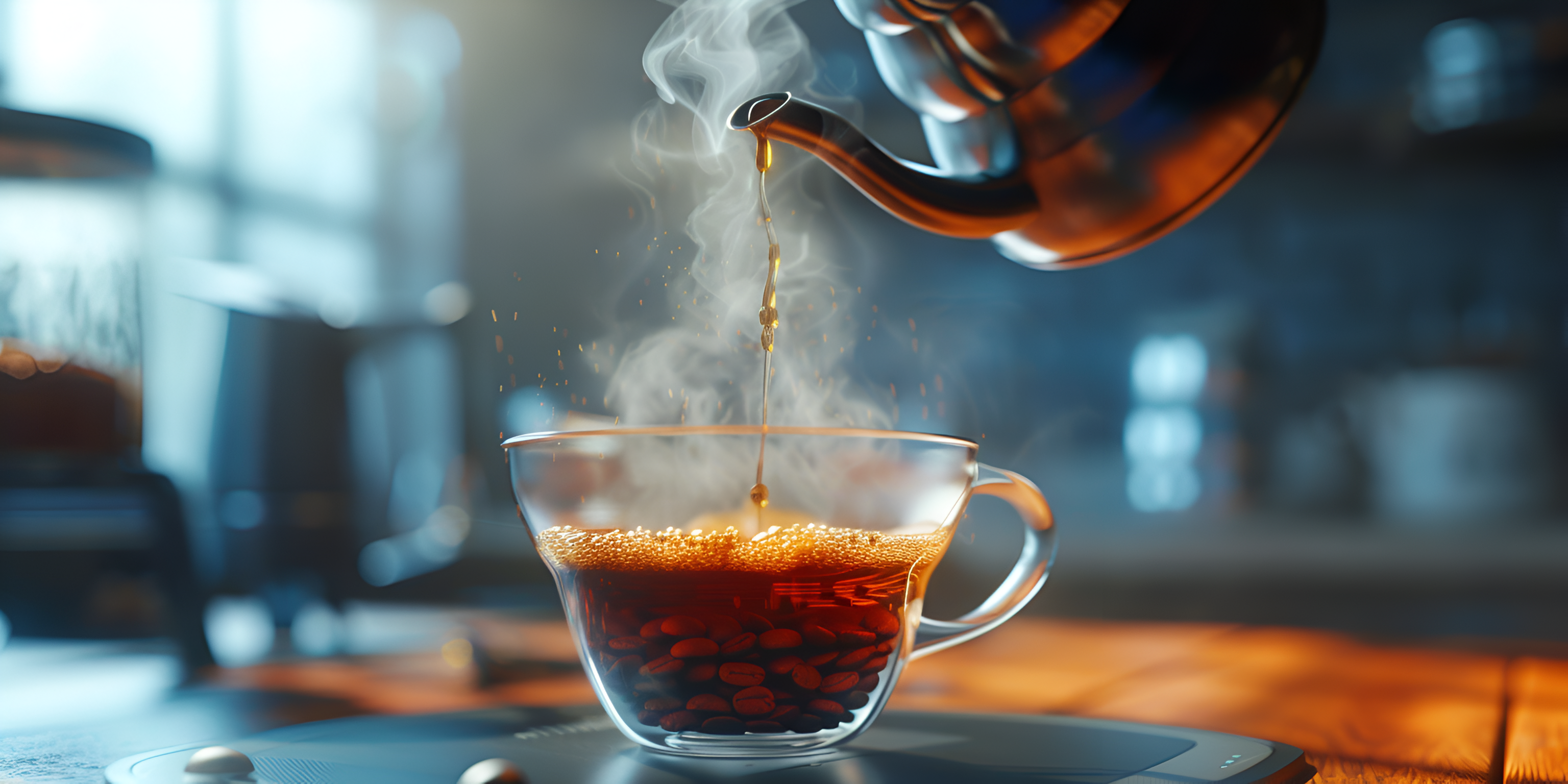 a tea being poured into a glass cup