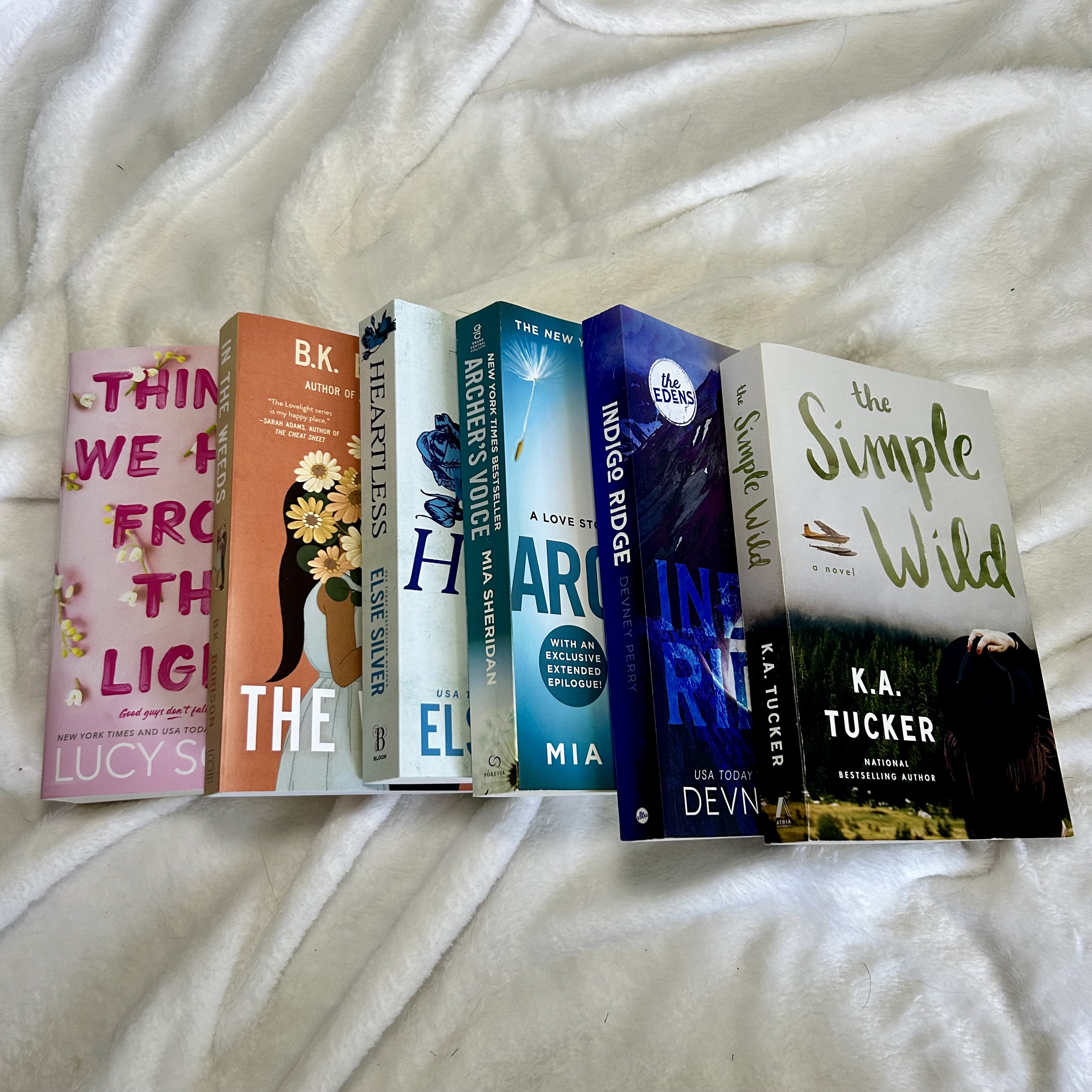 a row of books on a blanket