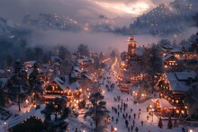 a group of people walking in a snowy town