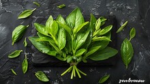 a bunch of green leaves on a black surface