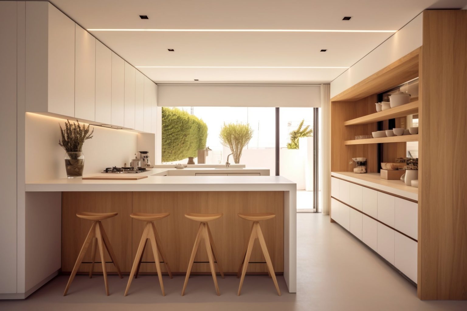 a kitchen with white cabinets and wooden stools