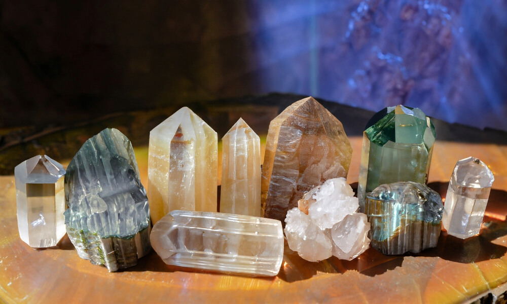 a group of different colored crystals