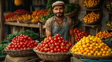 a man standing in front of baskets of tomatoes