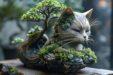 a statue of a cat with a tree