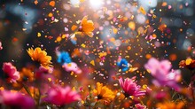 a group of flowers with confetti