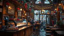 a restaurant with lights and people sitting at tables