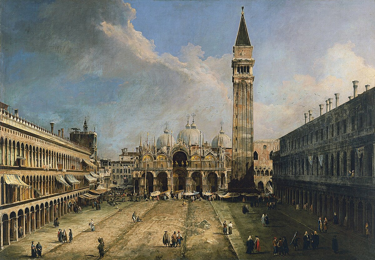 a large building with Piazza San Marco and people in the middle
