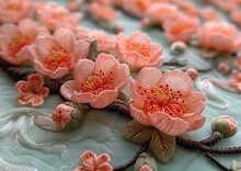 a group of pink flowers on a blue surface