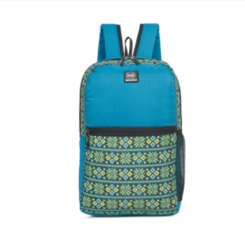 a blue backpack with a pattern on it