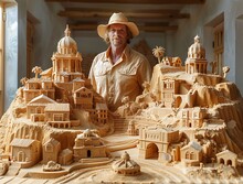 a man standing in front of a sculpture of a city