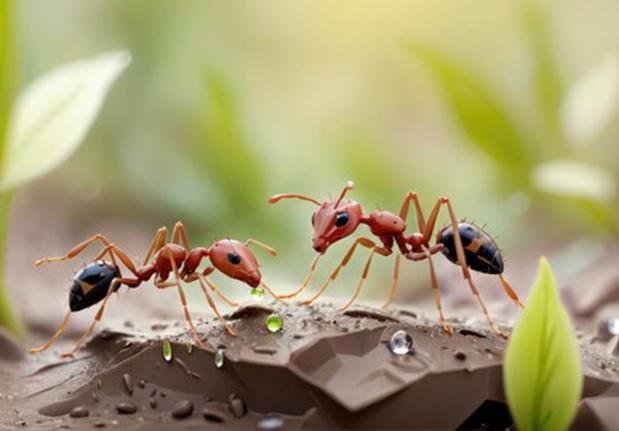 a group of ants with water drops on them