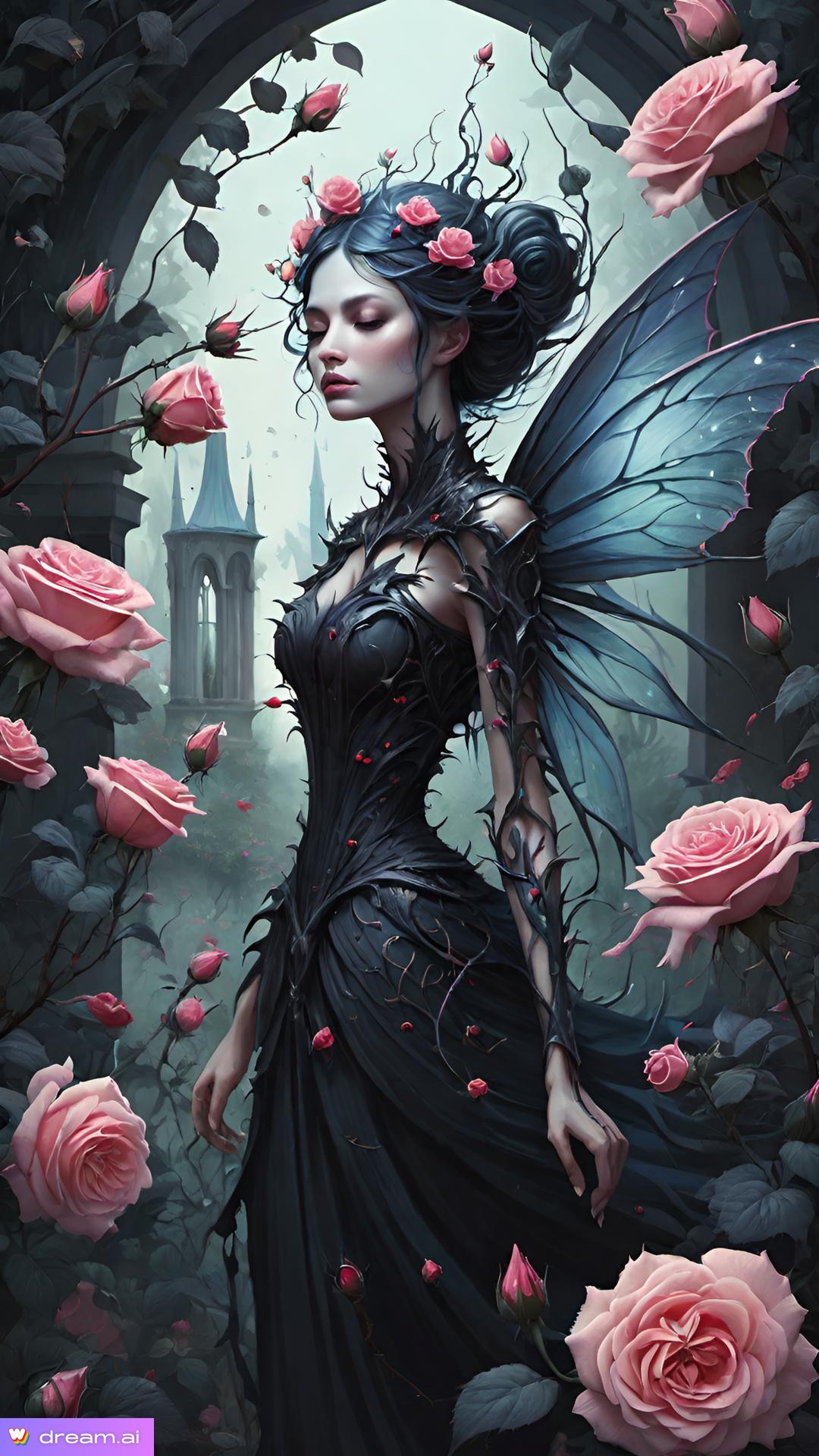 a woman in a black dress with wings and wings