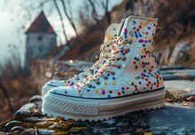 a pair of white shoes with colorful sprinkles