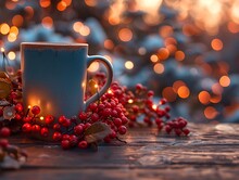 a mug with berries on a table