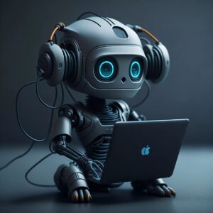 a robot with headphones and laptop